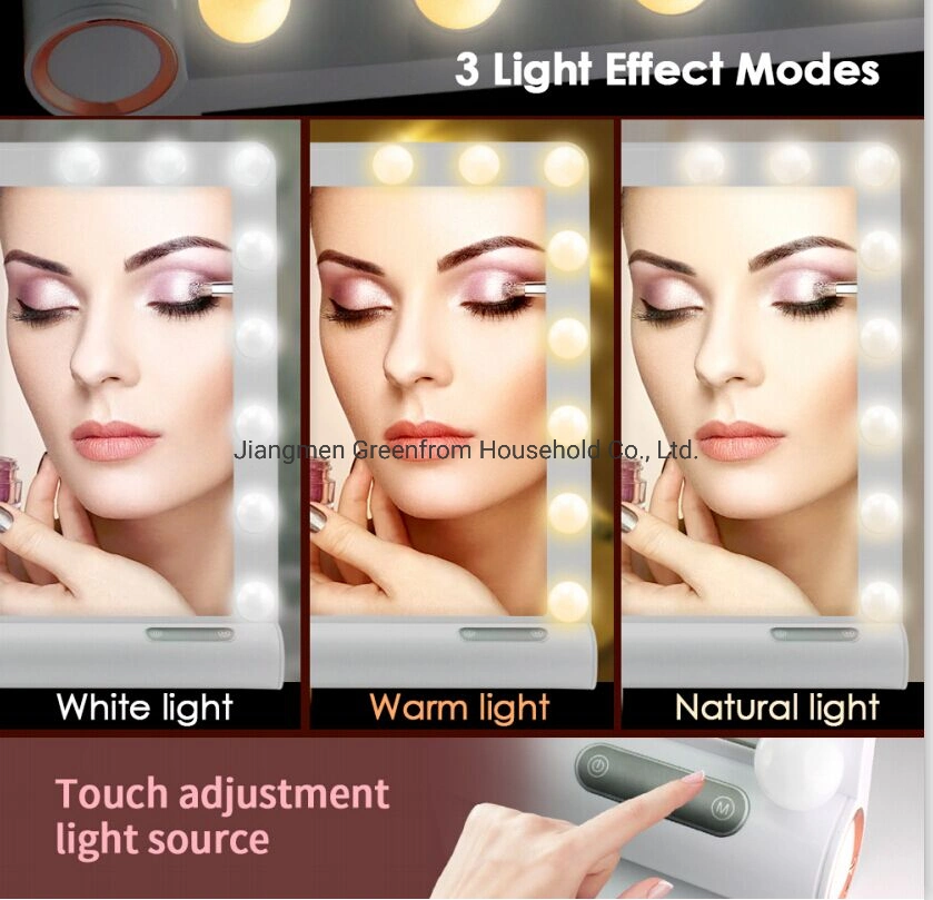 Plastic Hollywood Mirror 3 Color Lighting Modes Tabletop or Wallmount Vanity Slim Makeup Mirror with USB Charger Hollywood Makeup Mirror Lighting Mirror