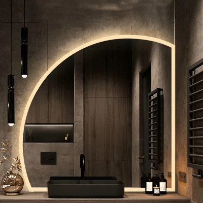 Rahmenloser, dekorativer, wandmontierter, intelligenter Badezimmer-Halbmondspiegel mit Berührungssensor, LED-Licht und Bluetooth