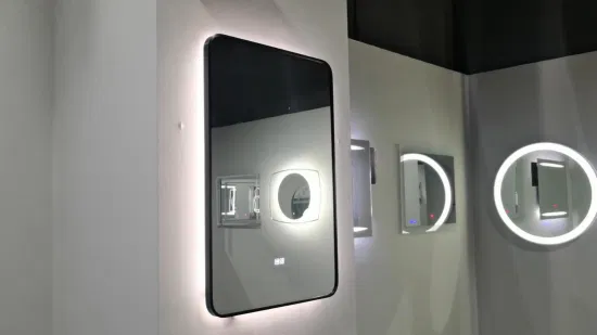 ETL CE Großer, mit Aluminiumrahmen versehener, berührungsempfindlicher, rechteckiger Badezimmerspiegel mit Hintergrundbeleuchtung und LED-Wandpaneel und Lichtern